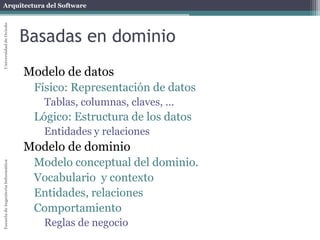 Arquitectura del SoftwareEscueladeIngenieríaInformáticaUniversidaddeOviedo
Orientación a aspectos
Definiciones
Join point: Punto en el que se
puede introducir un aspecto
Aspecto:
Formado por:
Advice: define el trabajo que realiza
un aspecto
Pointcut: Dónde se va a introducir
un aspecto
Puede encajar uno o varios join points
Pointcut
Programa
en ejecución
Join points
Advice
 