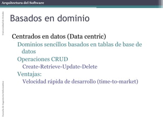 Arquitectura del SoftwareEscueladeIngenieríaInformáticaUniversidaddeOviedo
Basados en dominio
Domain driven design
Estilo hexagonal
Modelos centrados en datos
Domain Driven Design de N-capas
Data driven
Patrones
CQRS
Event sourcing
Naked Objects
 