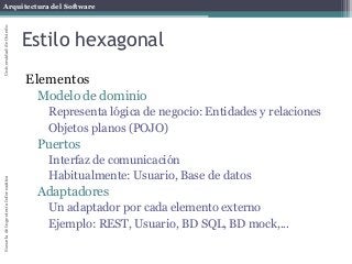 Arquitectura del SoftwareEscueladeIngenieríaInformáticaUniversidaddeOviedo
Estilo hexagonal
Elementos
Modelo de dominio
Representa lógica de negocio: Entidades y relaciones
Objetos planos (POJO)
Puertos
Interfaz de comunicación
Habitualmente: Usuario, Base de datos
Adaptadores
Un adaptador por cada elemento externo
Ejemplo: REST, Usuario, BD SQL, BD mock,...
 