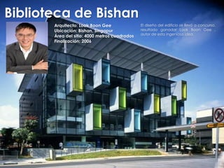 Arquitecto: Look Boon Gee
Ubicación: Bishan, Singapur
Área del sitio: 4000 metros cuadrados
Finalización: 2006
El diseño del edificio se llevó a concurso,
resultado ganador Look Boon Gee ,
autor de esta ingeniosa idea.
Biblioteca de Bishan
 