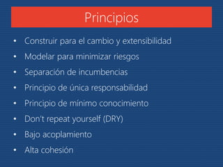 Principios 
• Construir para el cambio y extensibilidad 
• Modelar para minimizar riesgos 
• Separación de incumbencias 
• Principio de única responsabilidad 
• Principio de mínimo conocimiento 
• Don’t repeat yourself (DRY) 
• Bajo acoplamiento 
• Alta cohesión 
 