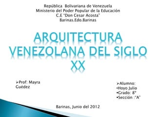 República Bolivariana de Venezuela
Ministerio del Poder Popular de la Educación
C.E “Don Cesar Acosta”
Barinas.Edo.Barinas
Alumno:
•Hoyo Julio
Grado: 8º
Sección :“A”
Prof: Mayra
Guédez
Barinas, Junio del 2012
 