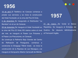 19 de abril El Teleférico de Caracas comienza a
prestar sus servicios y se inicia la construcción
del Hotel Humboldt, en la cima del Pico El Ávila.
4 de diciembre Es inaugurado el Distribuidor “La
Bandera” en el sur de Caracas.
29 de diciembre Se inaugura el Hotel Humboldt en
la cima del Pico El Ávila.105 metros sobre el nivel
del mar, se inaugura el Paseo Los Próceres y
el Paseo Los Precursores, en Caracas.
Se construye la Refinería Bajo Grande del Centro
de Refinación de Paraguaná, comienza a
construirse la Sinagoga Tiféret Israel, se inicia la
construcción de la Represa de Las Macagua y se
inaugura el Aeropuerto Alberto Carnevalli de Mérida.
1956
21 de marzo Se funda el Banco
República. Se inaugura el Embalse del
Guárico. Se clausura definitivamente
el Ferrocarril Inglés.
1957
 