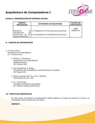 Arquitectura de Computadoras I
 
Unidad 5: ORGANIZACION DE ENTRADA-SALIDA.
Objetivo
Educacional
Actividades de Aprendizaje
Fuentes de
Información
Describirá la
transferencia de
información de los
equipos perifericos.
5.1 Programar las interrupciones prioritarias.
5.2 Comprender la transferencia asincrónica.
IDEM
UNIDAD II
9.- FUENTES DE INFORMACION
1. M. Morris Mano.
Arquitectura de cosputadores.
E d . Prentice hall .
2. Andreu S. Tanenbaun.
Organization d e colrpuladoras.
Segunda edicickr.
Ed. Prentice Call.
3. Kai Hwang/Faye A. Briggs.
Arquitectura de conputadoras y procesamiento en paralelo.
Ed. Mcgraw-hill.
4. Notas y apuntes de1 Ing. Luis E. Mantilla. .
Tecnologico de Leon, Gto.
5. A. J. Van de Gor.
Computer architecture and design.
Ed. addison-weslwy’publishing co.
10.- PRÁCTICAS PROPUESTAS
En este punto, la Academia correspondiente debera elaborar Las guias de practicas en base a la
metodologia oficial emitida para tal efecto.
UNIDAD I
 