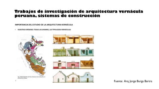 Trabajos de investigación de arquitectura vernácula
peruana, sistemas de construcción
Fuente: Arq. Jorge Burga Bartra
 