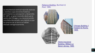 La arquitectura vertical nace de avances
y eventos cuya sincronía histórica
permitieron su concepción y desarrollo.
En 1871, un gran incendio destruyó el
centro de Chicago, y su reconstrucción
resultaba demasiado cara debido a que
los precios de la tierra se habían
elevado vertiginosamente.
4
Reliance Building, Burnham &
Root, 1895.
Chicago Building,1​
Holabird & Roche,
1905.
Home Insurance
Building, William Le
Baron Jenney, 1885.
 