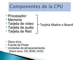 Procesador
 Memoria
 Tarjeta de video         Tarjeta Madre o Board
 Tarjeta de audio
 Tarjeta de Red



   Disco duro
   Fuente de Poder
   Unidades de almacenamiento.
     (Disco duro, CD_ROM, DVD)
 
