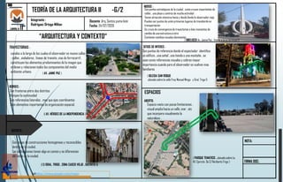 TEORÍA DE LA ARQUITECTURA II -G/2
Integrante :
Rodríguez Ortega Milton
Docente :Arq. Santos puma león
Fecha: 24/07/2020
“ARQUITECTURA Y CONTEXTO“
NOTA:
FIRMA DOC:
LAMINA # 11
TRAYECTORIAS :
canales a lo largo de los cuales el observador se mueve calles
: calles , andadores , lineas de transito ,vias de ferrocarril ,
constituyen los elementos predominantes de la imagen que
ordenan y relacionan todos los componentes del medio
ambiente urbano. ( AV. JAIME PAZ )
BORDES :
Son fronteras entre dos distritos
Rompen la continuidad
Son referencias laterales , mas que ejes coordinantes
7son elementos importantes de organización espacial.
( AV. HÉROES DE LA INDEPENDENCIA )
DISTRITO :
Son zonas de construcciones homogéneas y reconocibles
dentro de la ciudad.
Las edificaciones tienen algo en común y se diferencian
del resto de la ciudad.
( C/GRAL. TRIGO , ZONA CASCO VIEJO , DISTRITO 1)
NODOS :
Son puntos estratégicos de la ciudad , como cruces importantes de
calles , una playa o centros de mucha actividad
Tienen atracción intensiva hacia y desde donde le observador viaja
Pueden ser puntos de unión primarios lugares de transborde en
transportación
Un cruce de convergencia de trayectorias o bien momentos de
cambio de una estructura a otra
Contienen cambios visuales dominantes
( OBELISCO Av, Jaime Paz , frente a la ex terminal 1)
SITIOS DE INTERES :
Son puntos de referencia donde el espectador identifica
un edificio , una señal , una tienda o una montaña , se
usan como referencias visuales y cobran mayor
importancia cuando para el observador se vuelven mas
familiares
ESPACIOS
ABERTO:
Espacio vasto con pocas limitaciones ,
visual amplia hacia un valle ,mar , etc
que incorpora visualmente la
naturaleza .
( PARQUE TEMATICO , ubicado sobre La
AV, Ejercito De C/Heriberto Trigo )
Linkhttps://www.google.com/maps:
( IGLESIA SAN ROQUE
ubicado sobre la calle Fray Manuel Mingo y Gral, Trigo 1)
 