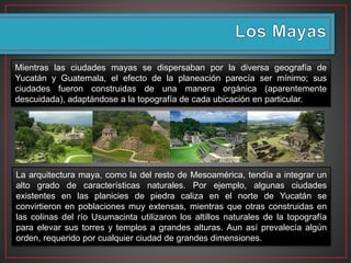 Mientras las ciudades mayas se dispersaban por la diversa geografía de
Yucatán y Guatemala, el efecto de la planeación parecía ser mínimo; sus
ciudades fueron construidas de una manera orgánica (aparentemente
descuidada), adaptándose a la topografía de cada ubicación en particular.
La arquitectura maya, como la del resto de Mesoamérica, tendía a integrar un
alto grado de características naturales. Por ejemplo, algunas ciudades
existentes en las planicies de piedra caliza en el norte de Yucatán se
convirtieron en poblaciones muy extensas, mientras que otras construidas en
las colinas del río Usumacinta utilizaron los altillos naturales de la topografía
para elevar sus torres y templos a grandes alturas. Aun así prevalecía algún
orden, requerido por cualquier ciudad de grandes dimensiones.
 