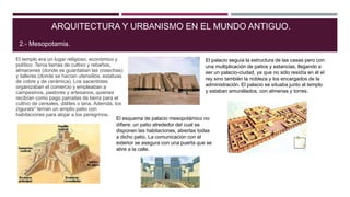 El templo era un lugar religioso, económico y
político. Tenía tierras de cultivo y rebaños,
almacenes (donde se guardaban las cosechas)
y talleres (donde se hacían utensilios, estatuas
de cobre y de cerámica). Los sacerdotes
organizaban el comercio y empleaban a
campesinos, pastores y artesanos, quienes
recibían como pago parcelas de tierra para el
cultivo de cereales, dátiles o lana. Además, los
zigurats* tenían un amplio patio con
habitaciones para alojar a los peregrinos.
ARQUITECTURA Y URBANISMO EN EL MUNDO ANTIGUO.
2.- Mesopotamia.
El palacio seguía la estructura de las casas pero con
una multiplicación de patios y estancias, llegando a
ser un palacio-ciudad, ya que no sólo residía en él el
rey sino también la nobleza y los encargados de la
administración. El palacio se situaba junto al templo
y estaban amurallados, con almenas y torres.
El esquema de palacio mesopotámico no
difiere: un patio alrededor del cual se
disponen las habitaciones, abiertas todas
a dicho patio. La comunicación con el
exterior se asegura con una puerta que se
abre a la calle.
 