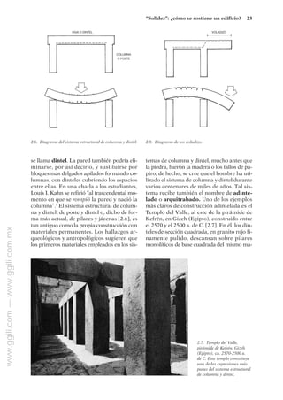 se llama dintel. La pared también podría eli-
minarse, por así decirlo, y sustituirse por
bloques más delgados apilados formando co-
lumnas, con dinteles cubriendo los espacios
entre ellas. En una charla a los estudiantes,
Louis I. Kahn se refirió “al trascendental mo-
mento en que se rompió la pared y nació la
columna”.1
El sistema estructural de colum-
na y dintel, de poste y dintel o, dicho de for-
ma más actual, de pilares y jácenas [2.6], es
tan antiguo como la propia construcción con
materiales permanentes. Los hallazgos ar-
queológicos y antropológicos sugieren que
los primeros materiales empleados en los sis-
temas de columna y dintel, mucho antes que
la piedra, fueron la madera o los tallos de pa-
piro; de hecho, se cree que el hombre ha uti-
lizado el sistema de columna y dintel durante
varios centenares de miles de años. Tal sis-
tema recibe también el nombre de adinte-
lado o arquitrabado. Uno de los ejemplos
más claros de construcción adintelada es el
Templo del Valle, al este de la pirámide de
Kefrén, en Gizeh (Egipto), construido entre
el 2570 y el 2500 a. de C. [2.7]. En él, los din-
teles de sección cuadrada, en granito rojo fi-
namente pulido, descansan sobre pilares
monolíticos de base cuadrada del mismo ma-
“Solidez”: ¿cómo se sostiene un edificio? 23
2.6. Diagrama del sistema estructural de columna y dintel. 2.8. Diagrama de un voladizo.
VIGA O DINTEL
COLUMNA
O POSTE
VOLADIZO
2.7. Templo del Valle,
pirámide de Kefrén, Gizeh
(Egipto), ca. 2570-2500 a.
de C. Este templo constituye
una de las expresiones más
puras del sistema estructural
de columna y dintel.
www.ggili.com
—
www.ggili.com.mx
 