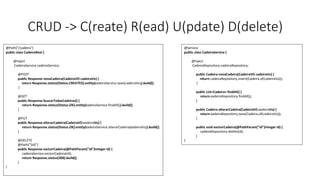 CRUD -> C(reate) R(ead) U(pdate) D(delete)
@Path("/cadeira")
public class CadeiraRest {
@Inject
CadeiraService cadeiraService;
@POST
public Response novaCadeira(CadeiraVO cadeiraVo) {
return Response.status(Status.CREATED).entity(cadeiraService.save(cadeiraVo)).build();
}
@GET
public Response buscarTodasCadeiras() {
return Response.status(Status.OK).entity(cadeiraService.findAll()).build();
}
@PUT
public Response alterarCadeira(CadeiraVO cadeiraVo) {
return Response.status(Status.OK).entity(cadeiraService.alterarCadeira(cadeiraVo)).build();
}
@DELETE
@Path("{id}")
public Response excluirCadeira(@PathParam("id")Integer id) {
cadeiraService.excluirCadeira(id);
return Response.status(204).build();
}
}
@Service
public class CadeiraService {
@Inject
CadeiraRepository cadeiraRepository;
public Cadeira novaCadeira(CadeiraVO cadeiraVo) {
return cadeiraRepository.insert(Cadeira.of(cadeiraVo));
}
public List<Cadeira> findAll() {
return cadeiraRepository.findAll();
}
public Cadeira alterarCadeira(CadeiraVO cadeiraVo) {
return cadeiraRepository.save(Cadeira.of(cadeiraVo));
}
public void excluirCadeira(@PathParam("id")Integer id) {
cadeiraRepository.delete(id);
}
}
 