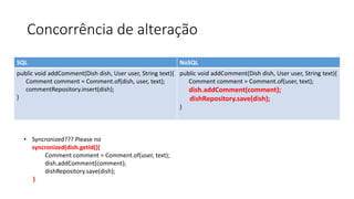 Concorrência de alteração
SQL NoSQL
public void addComment(Dish dish, User user, String text){
Comment comment = Comment.of(dish, user, text);
commentRepository.insert(dish);
}
public void addComment(Dish dish, User user, String text){
Comment comment = Comment.of(user, text);
dish.addComment(comment);
dishRepository.save(dish);
}
• Syncronized??? Please no
syncronized(dish.getId(){
Comment comment = Comment.of(user, text);
dish.addComment(comment);
dishRepository.save(dish);
}
 