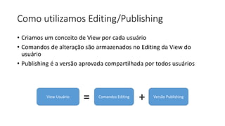Como utilizamos Editing/Publishing
• Criamos um conceito de View por cada usuário
• Comandos de alteração são armazenados no Editing da View do
usuário
• Publishing é a versão aprovada compartilhada por todos usuários
View Usuário
= Comandos Editing
+ Versão Publishing
 