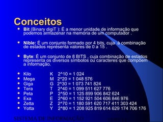 15/07/13SISTEMA DE INFORMAÇÃO
4
ConceitosConceitos
 Bit (Binary digiT ): É a menor unidade de informação que
podemos armazenar na memória de um computador .
 Nible: É um conjunto formado por 4 bits, cuja à combinação
de estados representa valores de 0 a 15 .
 Byte: É um conjunto de 8 BITS , cuja combinação de estados
representa os diversos símbolos ou caracteres que compõem
a informação.
 Kilo K 2^10 = 1 024
 Mega M 2^20 = 1 048 576
 Giga G 2^30 = 1 073 741 824
 Tera T 2^40 = 1 099 511 627 776
 Peta P 2^50 = 1 125 899 906 842 624
 Exa E 2^60 = 1 152 921 504 606 846 976
 Zetta Z 2^70 = 1 180 591 620 717 411 303 424
 Yotta Y 2^80 = 1 208 925 819 614 629 174 706 176
 