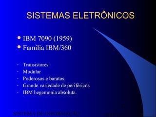 15/07/13SISTEMA DE INFORMAÇÃO
42
SISTEMAS ELETRÔNICOSSISTEMAS ELETRÔNICOS
IBM 7090 (1959)
Família IBM/360
- Transistores
- Modular
- Poderosos e baratos
- Grande variedade de periféricos
- IBM hegemonia absoluta.
 