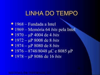 15/07/13SISTEMA DE INFORMAÇÃO
44
LINHA DO TEMPOLINHA DO TEMPO
1968 – Fundada a Intel
1969 – Memória 64 bits pela Intel
1970 – μP 4004 de 4 bits
1972 – μP 8008 de 8 bits
1974 – μP 8080 de 8 bits
1976 – 8748/8048 μC e 8085 μP
1978 – μP 8086 de 16 bits
 