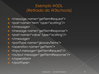 Exemplo WSDL
             (Retirado do W3schools)

   <message name="getTermRequest">
   <part name="term" type="xs:string"/>
   </message>
   <message name="getTermResponse">
   <part name="value" type="xs:string"/>
   </message>
   <portType name="glossaryTerms">
   <operation name="getTerm">
   <input message="getTermRequest"/>
   <output message="getTermResponse"/>
   </operation>
   </portType>

                       Padrões WS   14/11/2011 05:44:54   8
 