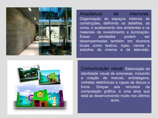 Arquitetura

de

interiores:

Organização de espaços internos de
construções, definindo os detalhes, as
cores, o acabamento dos ambientes e os
materiais de revestimento e iluminação.
Essas
atividades
podem
ser
desempenhadas também em diversos
locais como teatros, lojas, navios e
estúdios de cinema e de televisão.

:

Comunicação visual: Elaboração da
identidade visual de empresas, incluindo
a criação de marcas, embalagens,
vinhetas eletrônicas e capas de discos e
livros. Graças
aos
recursos
da
computação gráfica, é uma área que
está se desenvolvendo muito nos últimos
anos.

 