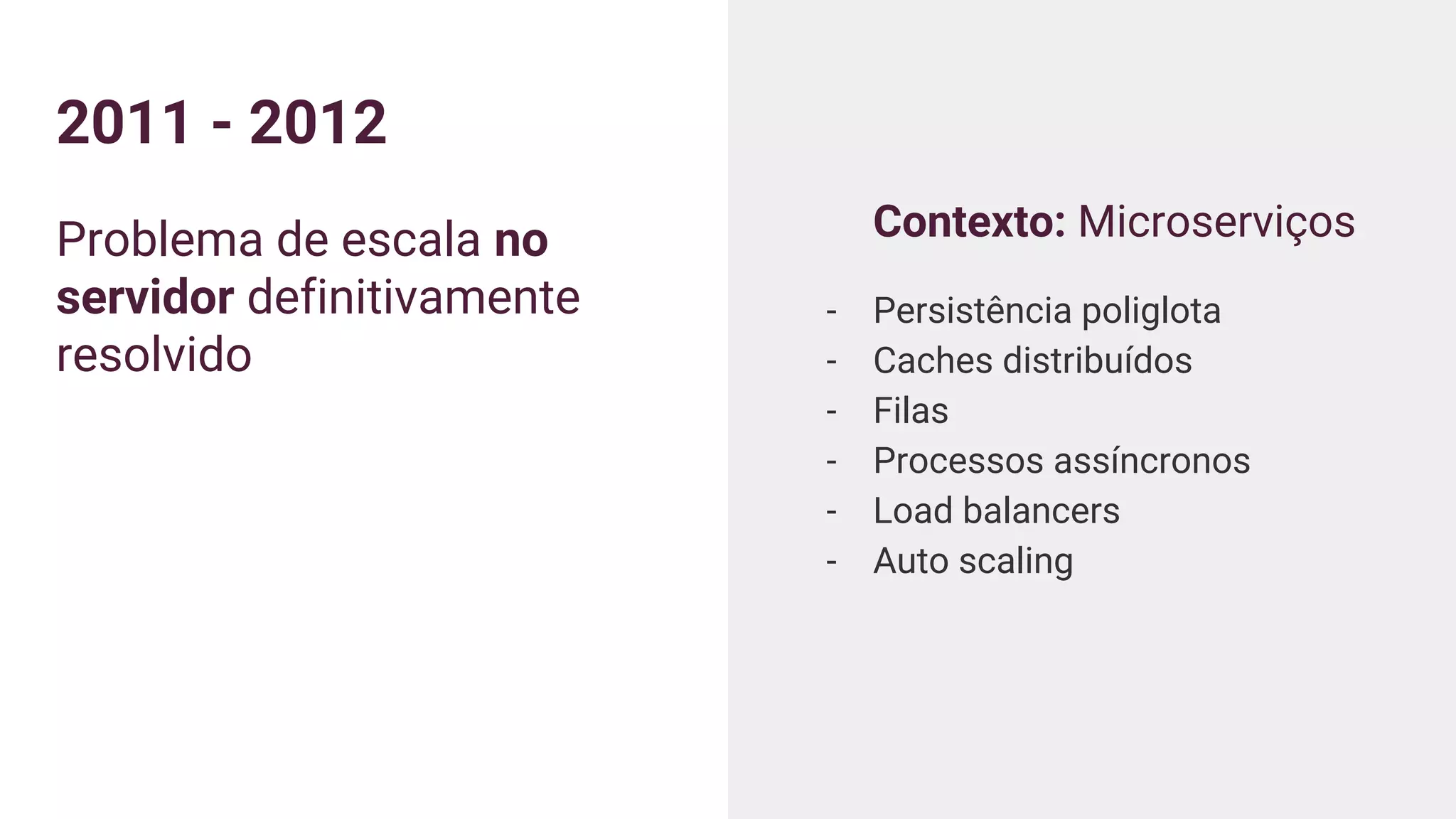 2011 - 2012
Problema de escala no
servidor definitivamente
resolvido
Contexto: Microserviços
- Persistência poliglota
- Caches distribuídos
- Filas
- Processos assíncronos
- Load balancers
- Auto scaling
 