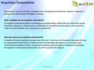 Arquiteto Corporativo

  Arquitetura é uma construção, concebida com o propósito primordial de ordenar e organizar o
  espaço para determinada finalidade e inteção.


  Qual o trabalho de um arquiteto corporativo?
  O arquiteto corporativo elabora a arquitetura da organização, ordenando seus elementos gerais
  (conceitos, processos, sistemas etc), e verficando se os projetos relacionados a cada elemento
  estão em conformidade com a arquitetura empresarial.



  Para que serve uma arquitetura Empresarial?
  O objetivo de uma arquitetura corporativa é fornecer estruturas e ferramentas para permitir que
  as organizaçoes desenvolvam e implementem sua estratégia de negocio. É um recurso para
  informação tecnologica correta. A arquitetura empresarial privelegia os modelos de operações
  de negocios e indica como desenvolver uma infra estrutura de negocio.




   12/3/2012                                 www.evolvebr.com.br                       4
 