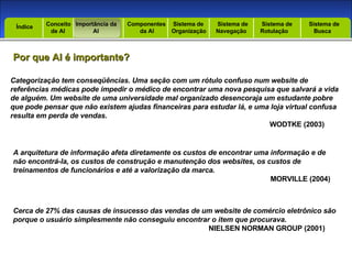 Introdução Índice Por que AI é importante? Conceito  de AI Importância da AI  Componentes  da AI Sistema de  Organização Sistema de  Navegação Sistema de  Rotulação Sistema de  Busca Índice Categorização tem conseqüências. Uma seção com um rótulo confuso num website de referências médicas pode impedir o médico de encontrar uma nova pesquisa que salvará a vida de alguém. Um website de uma universidade mal organizado desencoraja um estudante pobre que pode pensar que não existem ajudas financeiras para estudar lá, e uma loja virtual confusa resulta em perda de vendas.  WODTKE (2003) A arquitetura de informação afeta diretamente os custos de encontrar uma informação e de não encontrá-la, os custos de construção e manutenção dos websites, os custos de treinamentos de funcionários e até a valorização da marca. MORVILLE (2004) Cerca de 27% das causas de insucesso das vendas de um website de comércio eletrônico são porque o usuário simplesmente não conseguiu encontrar o item que procurava. NIELSEN NORMAN GROUP (2001) 