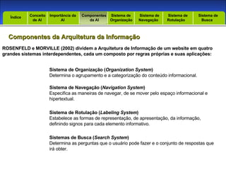 Introdução Índice Componentes da Arquitetura da Informação Conceito  de AI Importância da AI  Componentes  da AI Sistema de  Organização Sistema de  Navegação Sistema de  Rotulação Sistema de  Busca Índice ROSENFELD e MORVILLE (2002) dividem a Arquitetura de Informação de um website em quatro grandes sistemas interdependentes, cada um composto por regras próprias e suas aplicações: Sistema de Organização ( Organization System )  Determina o agrupamento e a categorização do conteúdo informacional. Sistema de Navegação ( Navigation System ) Especifica as maneiras de navegar, de se mover pelo espaço informacional e hipertextual. Sistema de Rotulação ( Labeling System ) Estabelece as formas de representação, de apresentação, da informação, definindo signos para cada elemento informativo. Sistemas de Busca ( Search System ) Determina as perguntas que o usuário pode fazer e o conjunto de respostas que irá obter. 