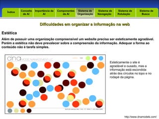 Introdução Índice Conceito  de AI Importância da AI  Componentes  da AI Sistema de  Organização Sistema de  Navegação Sistema de  Rotulação Sistema de  Busca Índice Dificuldades em organizar a informação na web Estética Além de possuir uma organização compreensível um website precisa ser esteticamente agradável. Porém a estética não deve prevalecer sobre a compreensão da informação. Adequar a forma ao conteúdo não é tarefa simples. Esteticamente o site é agradável e ousado, mas a informação está escondida atrás dos círculos no topo e no rodapé da página. http://www.dnamodels.com/ 