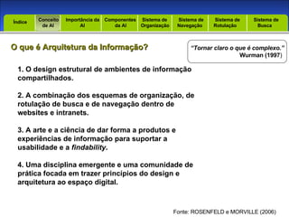 Introdução Índice O que é Arquitetura da Informação? “ Tornar claro o que é complexo.” Wurman (1997 ) Conceito  de AI Importância da AI  Componentes  da AI Sistema de  Organização Sistema de  Navegação Sistema de  Rotulação Sistema de  Busca Índice 1. O design estrutural de ambientes de informação compartilhados. 2. A combinação dos esquemas de organização, de rotulação de busca e de navegação dentro de websites e intranets. 3. A arte e a ciência de dar forma a produtos e experiências de informação para suportar a usabilidade e a  findability . 4. Uma disciplina emergente e uma comunidade de prática focada em trazer princípios do design e arquitetura ao espaço digital. Fonte: ROSENFELD e MORVILLE (2006) 