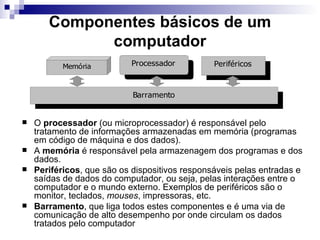 Componentes básicos de um
             computador
           Memória         Processador          Periféricos



                            Barramento


   O processador (ou microprocessador) é responsável pelo
    tratamento de informações armazenadas em memória (programas
    em código de máquina e dos dados).
   A memória é responsável pela armazenagem dos programas e dos
    dados.
   Periféricos, que são os dispositivos responsáveis pelas entradas e
    saídas de dados do computador, ou seja, pelas interações entre o
    computador e o mundo externo. Exemplos de periféricos são o
    monitor, teclados, mouses, impressoras, etc.
   Barramento, que liga todos estes componentes e é uma via de
    comunicação de alto desempenho por onde circulam os dados
    tratados pelo computador
 