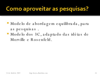 Modelo de abordagem equilibrada, para as pesquisas . Modelo dos 3C, adaptado das idéias de Morville e Rosenfeld. http://www.allanbrito.com 26 de Maio de 2009 