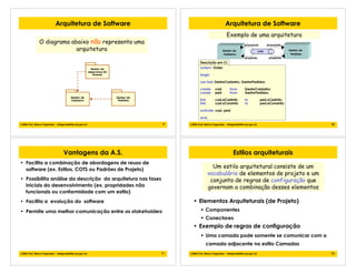 9!2006 Prof. Marco Fagundes - mfagunde@tre-pa.gov.br
Arquitetura de Software
O diagrama abaixo não representa uma
arquitetura
Gestor de
segurança de
Acesso
Gestor de
Cadastro
Gestor de
Pedidos
10!2006 Prof. Marco Fagundes - mfagunde@tre-pa.gov.br
Arquitetura de Software
Exemplo de uma arquitetura
system Order;
begin
use task GestorCadastro, GestorPedidos;
create cad from GestorCadastro;
create ped from GestorPedidos;
link cad.eCadInfo to ped.sCadInfo;
link cad.sConsInfo to ped.eConsInfo;
activate cad, ped;
end;
Link Gestor de
Pedidos
Gestor de
Cadastro
sConsInfo
eCadInfo
eConsInfo
sCadInfo
Descrição em CL
11!2006 Prof. Marco Fagundes - mfagunde@tre-pa.gov.br
Vantagens da A.S.
• Facilita a combinação de abordagens de reuso de
software (ex. Estilos, COTS ou Padrões de Projeto)
• Possibilita análise da descrição da arquitetura nas fases
iniciais do desenvolvimento (ex. propridades não
funcionais ou conformidade com um estilo)
• Facilita a evolução do software
• Permite uma melhor comunicação entre os stakeholders
12!2006 Prof. Marco Fagundes - mfagunde@tre-pa.gov.br
Estilos arquiteturais
Um estilo arquitetural consiste de um
vocabulário de elementos de projeto e um
conjunto de regras de configuração que
governam a combinação desses elementos
• Elementos Arquiteturais (de Projeto)
! Componentes
! Conectores
• Exemplo de regras de configuração
! Uma camada pode somente se comunicar com a
camada adjacente no estilo Camadas
 