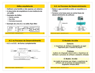13!2006 Prof. Marco Fagundes - mfagunde@tre-pa.gov.br
Estilos arquiteturais
• Definem uma família e não apenas um sistema
• A descrição da arquitetura é uma instância de
um estilo
• Exemplos de Estilos
! Cliente-servidor
! Pipe-filter
! Camadas (Layered)
• Exemplo de uma A.S. no estilo Pipe-filter:
14!2006 Prof. Marco Fagundes - mfagunde@tre-pa.gov.br
A.S. no Processo de Desenvolvimento
• Reduz o gap semântico entre os requisitos e o
código
• Fornece uma base para as outras fases de
desenvolvimento do software
Requisitos
Arquitetura de
Software
Implementação
RMI Java
CORBADelphi
Requisitos
Implementação
RMI Java
CORBADelphi
Métodos OO
15!2006 Prof. Marco Fagundes - mfagunde@tre-pa.gov.br
A.S. no Processo de Desenvolvimento
• A.S. e a O.O. de forma complementar
Rastreabilidade
16!2006 Prof. Marco Fagundes - mfagunde@tre-pa.gov.br
O Modelo ArcADe
Contexto
A Arquitetura de Software desempenha um papel
importante para o sucesso do projeto
Problema
Ausência da integração natural entre a Arquitetura de
Software e processos de software comumente utilizados
O Modelo ArcADe
Um modelo de processo que integra a arquitetura de
software com um processo de desenvolvimento
largamente utilizado (RUP)
 