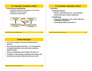 25!2006 Prof. Marco Fagundes - mfagunde@tre-pa.gov.br
A.S. Passado, Presente e Futuro
• Três avanços importantes:
• Linguagens de Descrição de Arquiteturas e Ferramentas
• Engenharia de Linha de Produtos
• Codificação e Disseminação
Requisitos do
Produto
Requisitos da Linha
de Produtos
Arquitetura do
Produto
Arquitetura da Linha
de Produtos
Restrições
induzidas
26!2006 Prof. Marco Fagundes - mfagunde@tre-pa.gov.br
A.S. Passado, Presente e Futuro
• No futuro:
! Evolução natural:
•Difusão e Assimilação da A.S. como disciplina
•Ferramentas para o projeto arquitetural
! Tendências:
•Adoção de linguagens como a UML e XML para
modelagem arquitetural
•Computação Ubíqua (“pervasiva”)
27!2006 Prof. Marco Fagundes - mfagunde@tre-pa.gov.br
Pontos Principais
• A A.S. tem recebido crescente reconhecimento e
atenção
• No processo de desenvolvimento, a A.S. desempenha
um papel importante como ponte entre requisitos e
implementação
• Diversas contribuições para facilitar e difundir a A.S.
• O Modelo ArcADe integra a arquitetura de software com
elementos (conceitos, métodos e técnicas) do RUP
 