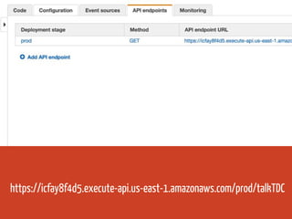 https://icfay8f4d5.execute-api.us-east-1.amazonaws.com/prod/talkTDC
 
