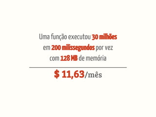 Uma função executou 30milhões
em 200milissegundospor vez
com 128MB de memória
$ 11,63/mês
 
