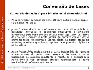 ArquiteturaeorganizaçãodeComputadores
Sistemas de Numeração e Aritmética Computacional 11
Conversão de bases
Conversão de decimal para binário, octal e hexadecimal
• Para converter números da base 10 para outras bases, segue-
se a seguinte regra:
• parte inteira: divide-se o número a ser convertido pela base
desejada; toma-se o quociente resultante e divide-se
novamente pela base até que o quociente seja zero; os restos
das divisões formam a parte inteira do número convertido; o
primeiro resto representa o último dígito da parte inteira do
número; o último quociente representa o primeiro dígito da
parte inteira;
• parte fracionária: multiplica-se a parte fracionária do número
a ser convertido pela base desejada; toma-se a parte
fracionária do número resultante e repete-se a operação; a
parte inteira dos produtos obtidos representam a parte
fracionária do número procurado.
 