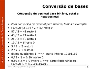 ArquiteturaeorganizaçãodeComputadores
Sistemas de Numeração e Aritmética Computacional 5
Conversão de bases
Conversão de decimal para binário, octal e
hexadecimal
• Para conversão de decimal para binário, temos o exemplo:
• (174,25)10: 174 / 2 = 87 resto 0
• 87 / 2 = 43 resto 1
• 43 / 2 = 21 resto 1
• 21 / 2 = 10 resto 1
• 10 / 2 = 5 resto 0
• 5 / 2 = 2 resto 1
• 2 / 2 = 1 resto 0
• último quociente: 1 ==> parte inteira: 10101110
• 0,25 x 2 = 0,50 inteiro 0
• 0,50 x 2 = 1,0 inteiro 1 ==> parte fracionária: 01
(174,25)10 = (10101110,01)2
 