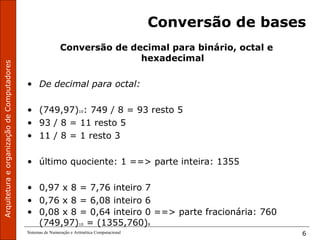 ArquiteturaeorganizaçãodeComputadores
Sistemas de Numeração e Aritmética Computacional 6
Conversão de bases
Conversão de decimal para binário, octal e
hexadecimal
• De decimal para octal:
• (749,97)10: 749 / 8 = 93 resto 5
• 93 / 8 = 11 resto 5
• 11 / 8 = 1 resto 3
• último quociente: 1 ==> parte inteira: 1355
• 0,97 x 8 = 7,76 inteiro 7
• 0,76 x 8 = 6,08 inteiro 6
• 0,08 x 8 = 0,64 inteiro 0 ==> parte fracionária: 760
(749,97)10 = (1355,760)8
 