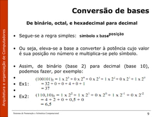ArquiteturaeorganizaçãodeComputadores
Sistemas de Numeração e Aritmética Computacional 9
Conversão de bases
De binário, octal, e hexadecimal para decimal
• Segue-se a regra simples:
• Ou seja, eleva-se a base a converter à potência cujo valor
é sua posição no número e multiplica-se pelo símbolo.
• Assim, de binário (base 2) para decimal (base 10),
podemos fazer, por exemplo:
•
• Ex1:
•
• Ex2:
 
