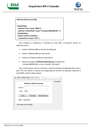 Arquitetura RM 3 Camadas




                 RM.Host.Service.exe.config

                 …
                 <appSettings>
                  <add key="Port" value="8050"/>
                  <add key="ActionsPath" value="C:CorporeRMRM.NET" />
                 </appSettings>
                 <system.runtime.remoting>
                  <customErrors mode="off"/>…

                    Para configurar a Arquitetura 3 Camadas da Linha RM, é necessário realizar os
                 seguintes passos:

                        Instalar a BibliotecaRM no Servidor de Aplicação

                        Instalar a BibliotecaRM em cada Cliente

                        Instalar os Produtos da RM em cada Cliente

                        Executar o programa RM.Host.NetConfig.exe, localizado em
                         ...CorporeRMRM.Net, e clicar no botão “3Camadas”.

                     Para o último passo, deve-se confirmar o nome do Servidor de Aplicação bem como a
                 porta TCP. Por padrão, o arquivo de configuração do Servidor de Aplicação referencia a
                 porta 8050, conforme figura abaixo.




Publicado em: Junho de 2009
 