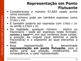 ArquiteturaeorganizaçãodeComputadores
Sistemas de Numeração e Aritmética Computacional 12
Representação em Ponto
Flutuante
• Consideremos o número 57,683 usado acima
como exemplo.
• Este número pode ser também expresso como
57,683 x 100.
• E também poderia ser expresso com 57683 x 10-3
ou ainda 0,57683 x 102
.
• Na realidade, qualquer número - inteiro ou
fracionário - pode ser expresso neste formato:
número x baseexpoente
, em que variamos duas coisas:
a posição da vírgula (que delimita a parte
fracionária) e o expoente ao qual elevamos a
base.
• Essa representação é denominada
representação em ponto flutuante, pois o
ponto varia sua posição, modificando, em
conseqüência, o valor representado.
 