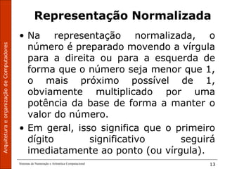 ArquiteturaeorganizaçãodeComputadores
Sistemas de Numeração e Aritmética Computacional 13
Representação Normalizada
• Na representação normalizada, o
número é preparado movendo a vírgula
para a direita ou para a esquerda de
forma que o número seja menor que 1,
o mais próximo possível de 1,
obviamente multiplicado por uma
potência da base de forma a manter o
valor do número.
• Em geral, isso significa que o primeiro
dígito significativo seguirá
imediatamente ao ponto (ou vírgula).
 