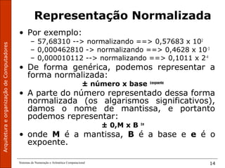 ArquiteturaeorganizaçãodeComputadores
Sistemas de Numeração e Aritmética Computacional 14
Representação Normalizada
• Por exemplo:
– 57,68310 --> normalizando ==> 0,57683 x 102
– 0,000462810 -> normalizando ==> 0,4628 x 10-3
– 0,000010112 --> normalizando ==> 0,1011 x 2-4
• De forma genérica, podemos representar a
forma normalizada:
± número x base ±expoente
• A parte do número representado dessa forma
normalizada (os algarismos significativos),
damos o nome de mantissa, e portanto
podemos representar:
± 0,M x B ±e
• onde M é a mantissa, B é a base e e é o
expoente.
 