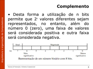 ArquiteturaeorganizaçãodeComputadores
Sistemas de Numeração e Aritmética Computacional 3
Complemento
• Desta forma a utilização de n bits
permite que 2n
valores diferentes sejam
representados, no entanto, além do
número 0 (zero), uma faixa de valores
será considerada positiva e outra faixa
será considerada negativa.
 