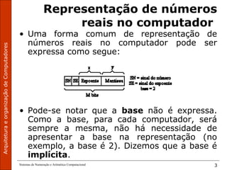 ArquiteturaeorganizaçãodeComputadores
Sistemas de Numeração e Aritmética Computacional 3
Representação de números
reais no computador
• Uma forma comum de representação de
números reais no computador pode ser
expressa como segue:
• Pode-se notar que a base não é expressa.
Como a base, para cada computador, será
sempre a mesma, não há necessidade de
apresentar a base na representação (no
exemplo, a base é 2). Dizemos que a base é
implícita.
 