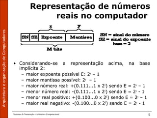 ArquiteturaeorganizaçãodeComputadores
Sistemas de Numeração e Aritmética Computacional 5
Representação de números
reais no computador
• Considerando-se a representação acima, na base
implícita 2:
– maior expoente possível E: 2x
– 1
– maior mantissa possível: 2y
– 1
– maior número real: +(0.111...1 x 2E
) sendo E = 2x
– 1
– menor número real: -(0.111...1 x 2E
) sendo E = 2x
- 1
– menor real positivo: +(0.100...0 x 2E
) sendo E = 2x
– 1
– maior real negativo: -(0.100...0 x 2E
) sendo E = 2x
- 1
 