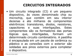 ArquiteturaeorganizaçãodeComputadores
Conceitos de lógica digital 8
CIRCUITOS INTEGRADOS
• Um circuito integrado (CI) é um pequeno
dispositivo, às vezes denominado chip ou
microchip, que contém em seu interior
dezenas e ate milhares de componentes
eletrônicos: transistores, diodos, resistores,
capacitores e suas interligações. Estes
componentes são os formadores das portas
lógicas que, interligadas, formam um
determinado circuito combinatório. A pastilha
é encapsulada em um pacote de cerâmica ou
plástico e as conexões com o exterior são
soldadas aos pinos externos para completar
o dispositivo.
 