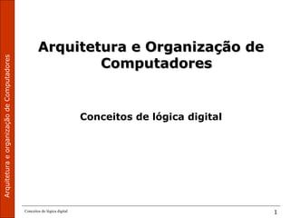 ArquiteturaeorganizaçãodeComputadores
Conceitos de lógica digital 1
Arquitetura e Organização deArquitetura e Organização de
ComputadoresComputadores
Conceitos de lógica digital
 