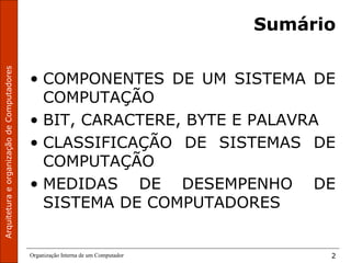 ArquiteturaeorganizaçãodeComputadores
Organização Interna de um Computador 2
Sumário
• COMPONENTES DE UM SISTEMA DE
COMPUTAÇÃO
• BIT, CARACTERE, BYTE E PALAVRA
• CLASSIFICAÇÃO DE SISTEMAS DE
COMPUTAÇÃO
• MEDIDAS DE DESEMPENHO DE
SISTEMA DE COMPUTADORES
 